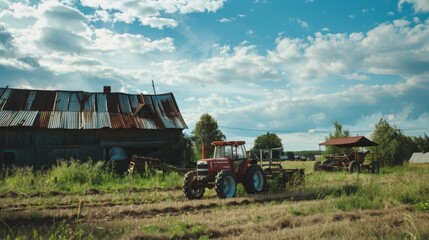 Fototapeta premium A decaying barn with rusted roofs and a tractor on verdant fields under blue skies symbolizes rural decay and agricultural resilience.