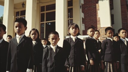 Fototapeta premium A group of young students in formal black uniforms standing in front of an institutional building, sharing serious expressions in an organized formation.