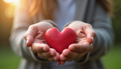 Woman Holding Red Heart in Hands with Soft Sunlight