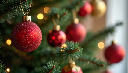 Obraz premium Red and Gold Christmas Ornaments on Green Tree with Soft Lights