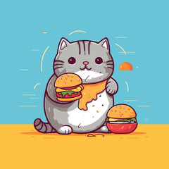 illustration of a cute foodie cat eating a burger