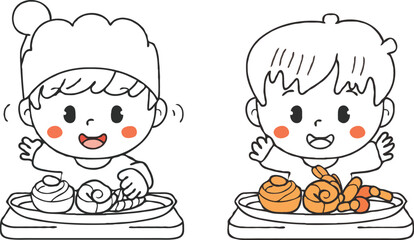 coloring page cartoon character eating a food vector illustration coloring book