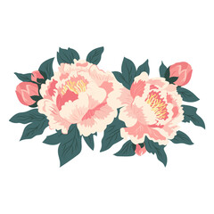 Pink peonies with buds and green leaves. Elegant spring flowers editable vector illustration. Botanical isolated designer decorative element. Design peony template for print, card, flyer, banner