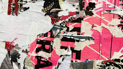 Fototapeta premium Collage of Old Colorful Posters. Ripped Torn Crumpled Paper. Wall Backdrop Placard Texture. Urban Street Posters Collage. Concert Posters Multilayered Seamless Loop Stop Motion