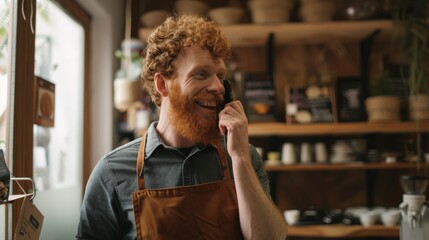 Obraz premium Cheerful worker in an apron with a big smile, standing in a cozy, rustic shop environment filled with various goods.