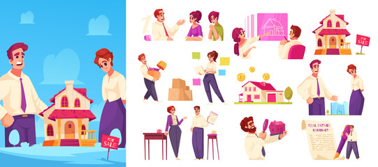 Hand drawn flat real estate horizontal icons with illustration set