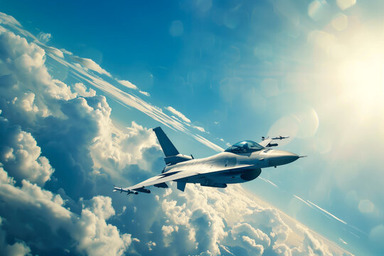 Fighter jet F-16 soaring above dense clouds with bright sunlight, showcasing power and advanced technology. Concepts of aviation, military prowess, and air dominance.