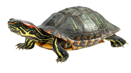 Highly Detailed Image of a Red-Eared Slider Turtle on Plain White Background transparent png
