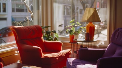 Fototapeta premium Sunlight streams into a cozy, warmly lit living room with vibrant red and purple armchairs, potted plants, and a wooden side table with a large lamp.