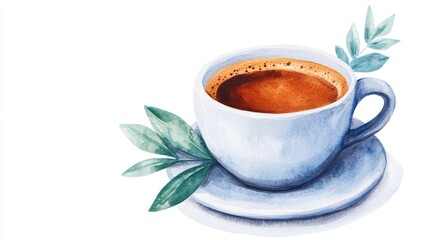 Watercolor of a single shot of rich aromatic espresso in a small ceramic cup isolated on a clean white background  This minimalist classic design captures the essence of a perfect cup of coffee