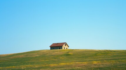 A small, solitary house with a red roof sits atop a grassy hill under a clear blue sky, exuding tranquility.