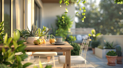 A tranquil outdoor patio with a wooden table, white chairs, and a few potted plants, perfect for enjoying a quiet morning.