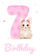 Cute baby shower card with number 7 and bunny. Birthday card. Vector illustration.