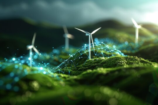 Wind turbines on a grassy hill, holographic energy data overlay, futuristic, digital art, bright green and blue tones - Powered by Adobe
