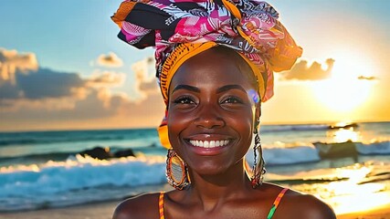 Golden Hour Radiance: A stunning portrait of a Black woman with a radiant smile, adorned in vibrant headwrap and jewelry, basking in the golden light of sunset on a tropical beach. Her beauty and joy 