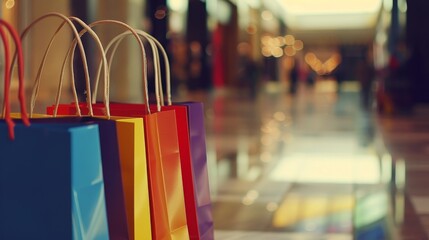 Naklejka premium Vibrant shopping bags lined up neatly in a bustling mall, capturing the essence of a joyful shopping experience.