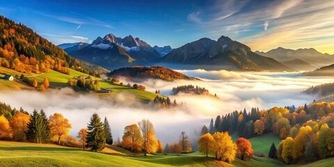 Morning mist rising over Alpine valley in autumn colorful countryside, mist, morning, Alpine, valley, autumn, colorful, countryside