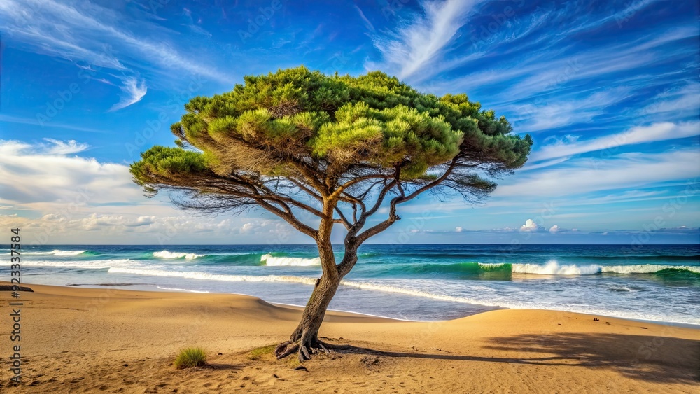 Sticker Tree standing tall on a sandy beach with ocean waves in the background, beach, tree, sand, ocean, waves, nature, serene