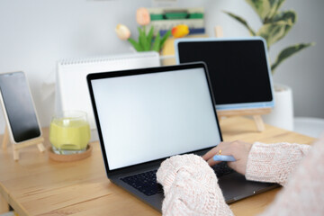 Naklejka premium asian woman use laptop and internet for conference online and work from home