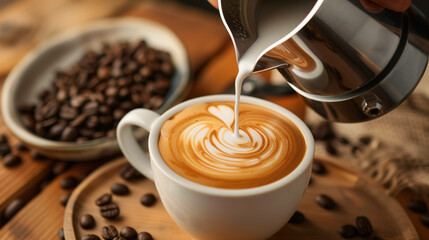a barista pouring steamed soy milk into a cup of espresso to create a perfect cappuccino, with coffee beans and a tamper in the background