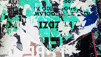 Collage of Old Colorful Posters. Ripped Torn Crumpled Paper. Wall Backdrop Placard Texture. Urban...