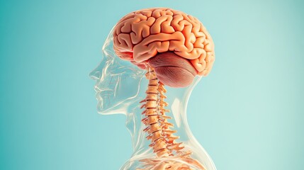 Human brain and spinal cord anatomy isolated on a colored background with space for educational content.