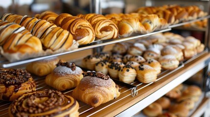 Assortment of fresh baked pastries on display in a bakery.