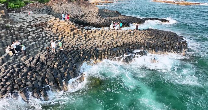Aerial view of Giant's Causeway in Phu Yen, Vietnam, attracting tourists to visit, this place is known as UNESCO World Heritage Site, beautiful landscape of Vietnam