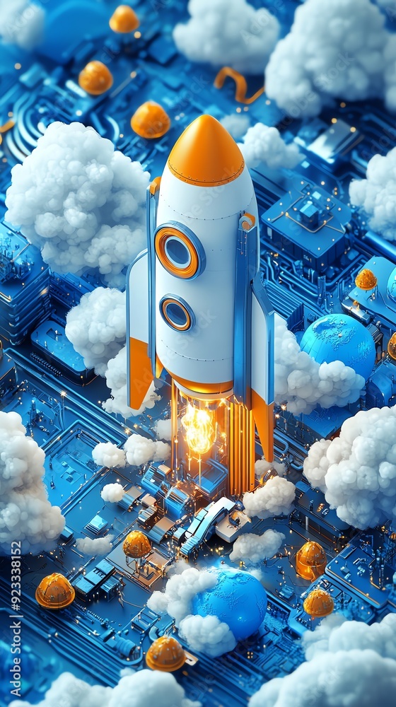 Canvas Prints Rocket Launching from Circuit Board into Clouds.