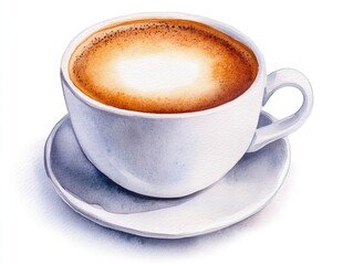 Fototapeta premium Captivating watercolor showcasing a steaming hot cappuccino with a delicate layer of frothy milk set against a pristine white background creating a cozy and inviting caf inspired atmosphere