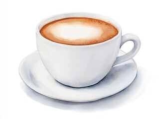 Obraz premium Charming watercolor of a steaming hot cappuccino with frothy creamy milk on a plain white background
