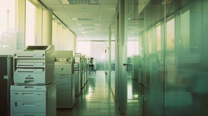 A quiet, sunlit office corridor, lined with printers and copiers, stretches into the distance, reflecting a calm corporate environment.