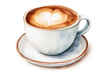 Beautifully rendered watercolor of a steaming hot cappuccino with frothy creamy milk isolated on a clean white background