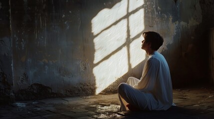 A man in a contemplative pose sits on the floor in a dimly lit room, illuminated by rays of sunlight streaming through a window, creating a serene ambiance.