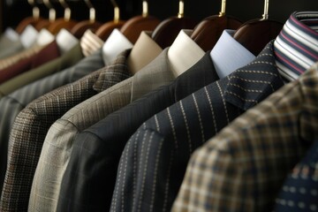 Obraz premium Row of men's suits hanging on wooden hangers in a retail store.