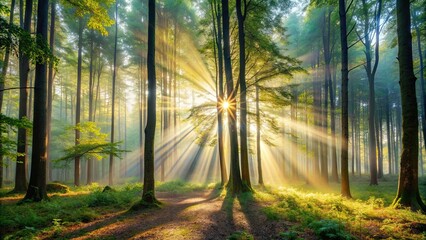 Obraz premium Serene morning in the forest with misty sun rays filtering through the trees , nature, tranquility, peaceful, sunrise, sunlight