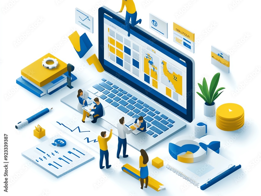 Poster team of businesspeople working together on data analytics and strategy.