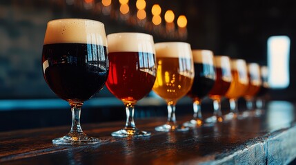 A vibrant lineup of different beer styles, showcasing color and texture in elegant glasses on a wooden bar.