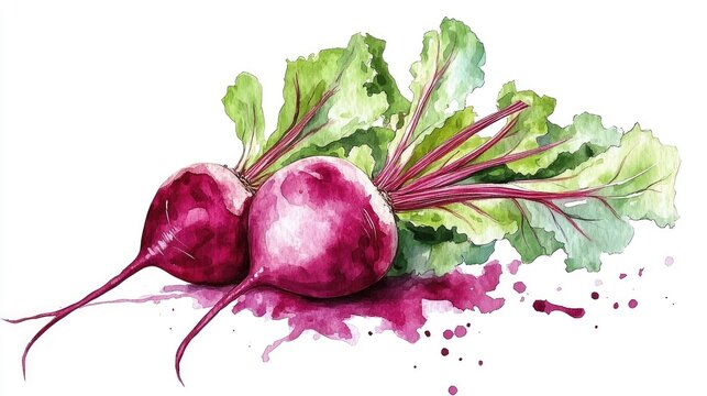 Whimsical and Vibrant Watercolor Clipart of a Happy Beet Vegetable with Lush Leafy Greens Isolated on a Clean White Background  and Stylized Botanical Design