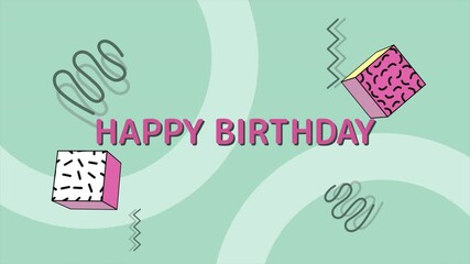 Colorful birthday card with pink and blue patterns on the front, featuring Happy Birthday written in matching letters. Blank back for personalization