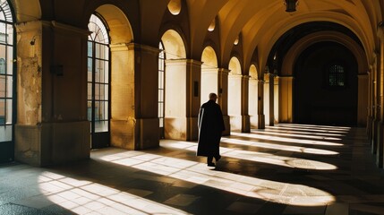 An elderly figure walks alone through an elegantly arched corridor bathed in soft, warm sunlight, conveying a sense of reflection and solitude.