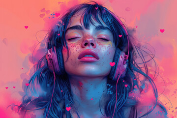 Woman with closed eyes wearing headphones surrounded by colorful heart motifs. Concepts of music enjoyment, relaxation, and emotional connection.
