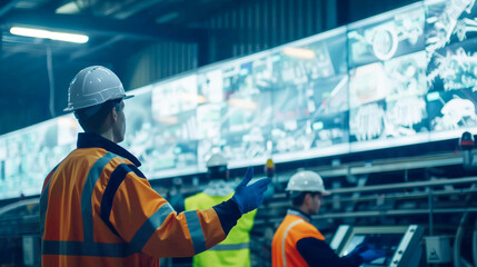 Industrial workers in safety gear monitoring large digital screens in a factory control room. Concepts of workplace safety, technology, and industrial operations management.