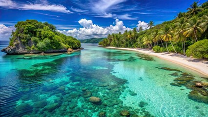 Tropical paradise beach with crystal clear blue waters surrounded by corals in Carabao Island, Romblon, Philippines