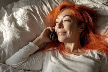 Fototapeta premium Content red-haired woman lying in bed, enjoying a phone conversation with a smile