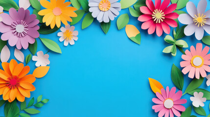 Fototapeta premium Paper Art Flowers and Leaves on Blue Background