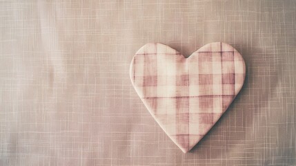 A pastel-colored, plaid heart-shaped cushion laying softly on a textured beige fabric, evoking a sense of comfort and warmth.