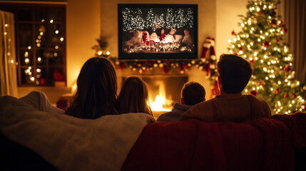 Family watching a Christmas movie together in a cozy living room, surrounded by festive decorations and a glowing fireplace
