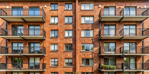 Large brick apartment building with balcony and window , urban, architecture, residential, city, structure, exterior, facade