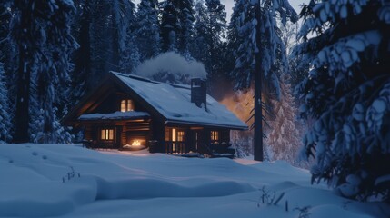 Cozy log cabin warmly lit, nestled in a snowy forest, smoke gently rising from the chimney, evoking a serene winter evening.